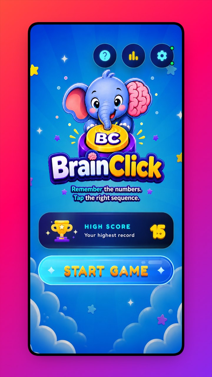 Brain Click game poster showing the elephant mascot and start screen