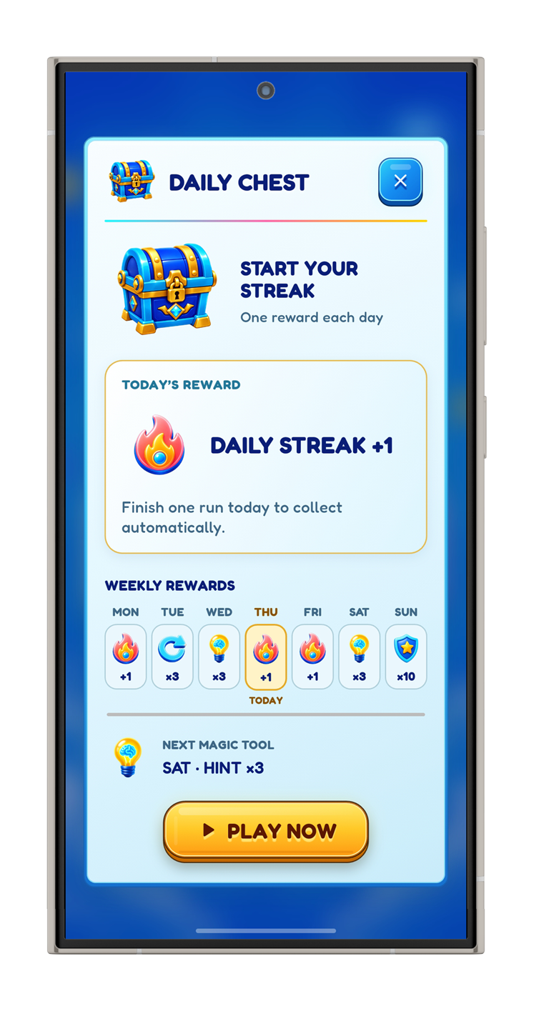 Brain Click daily chest and weekly rewards screen