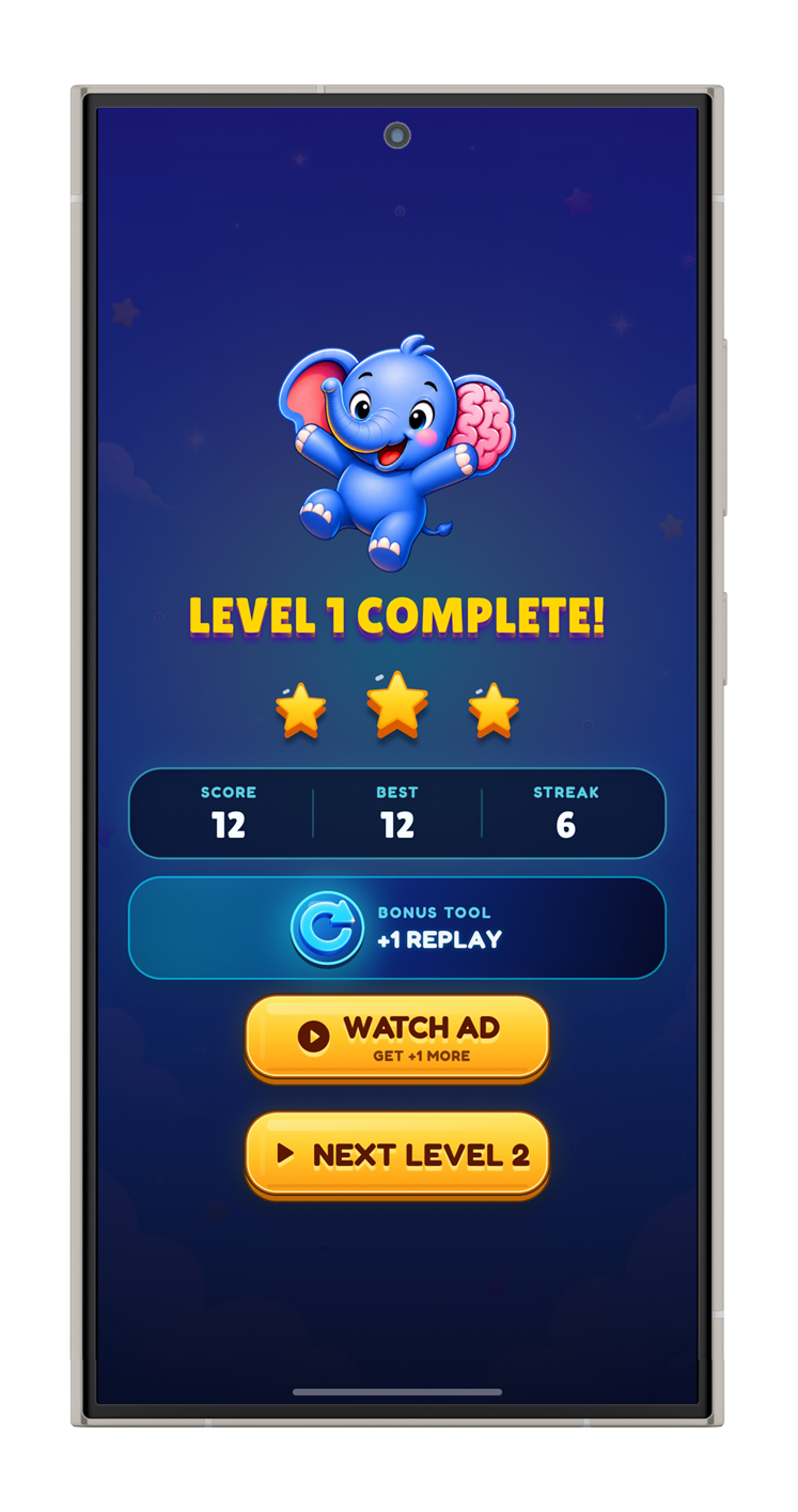 Brain Click three-star level complete screen